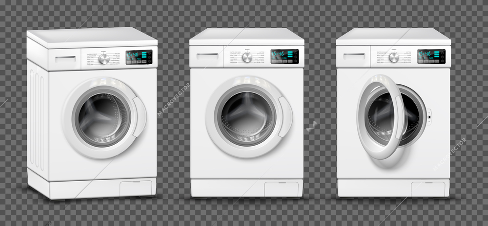 Realistic washing machine set with transparent background and isolated views of laundry machine with different angles vector illustration