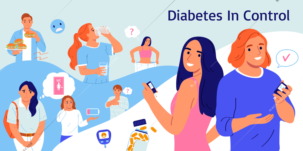 Diabetes composition with editable text and human characters of patients with thought bubbles and icons inside vector illustration