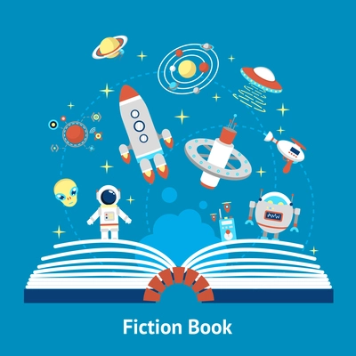 Open fiction book concept with future space mysterious symbols vector illustration