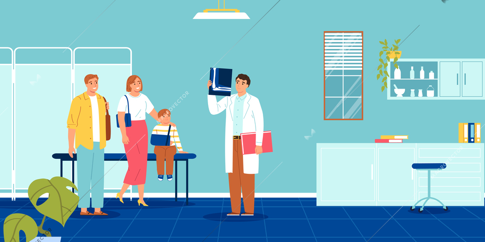 Family doctor composition with indoor scenery of doctors office with parents kid and doctor holding radiogram vector illustration