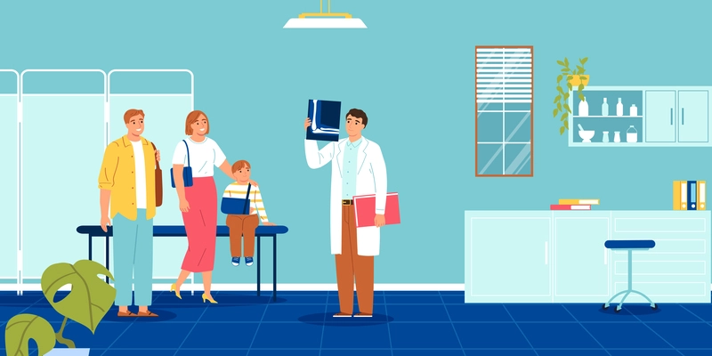 Family doctor composition with indoor scenery of doctors office with parents kid and doctor holding radiogram vector illustration