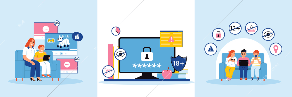 Parental control set with three compositions of computer screens pictograms passwords with teenagers and their gadgets vector illustration