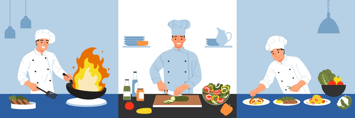 Cooks set with three square compositions of professional chefs cutting vegetables frying pot and decorating meals vector illustration