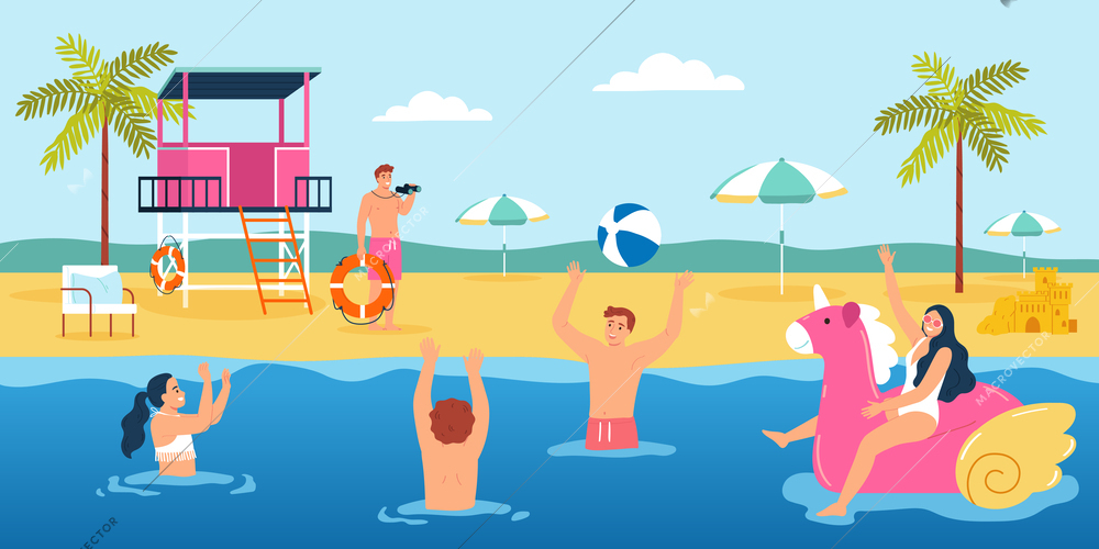 Lifeguards composition with outdoor scenery of sandy beach with people puddling in water and male lifeguard vector illustration