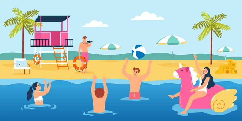 Lifeguards composition with outdoor scenery of sandy beach with people puddling in water and male lifeguard vector illustration