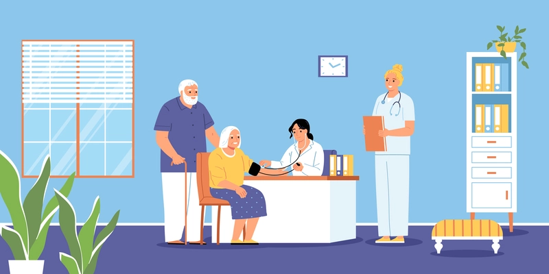 Family doctor composition with indoor view of doctors office appointment with elderly couple and medical specialists vector illustration