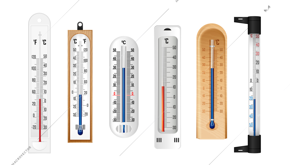 Weather ethanol thermometer with celsius and fahrenheit scales realistic collection isolated vector illustration