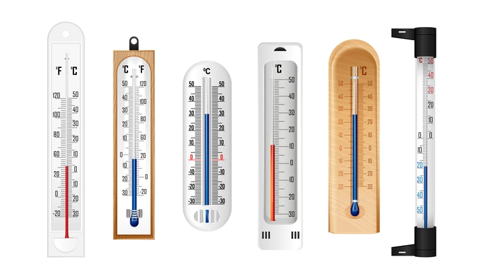 Vector Set Of Realistic Liquid Thermometers With Celsius And