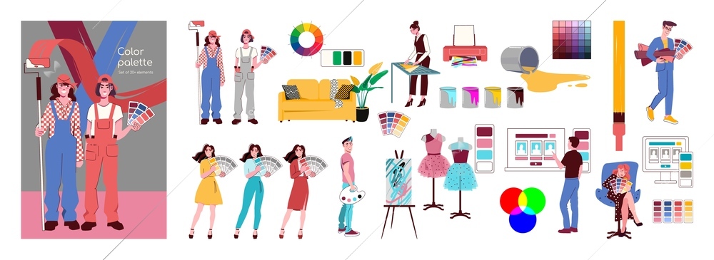 People of different professions working with color palettes flat composition set isolated vector illustration