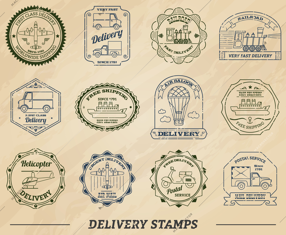 Delivery and shipping stamps set on paper isolated vector illustration