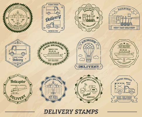 Delivery and shipping stamps set on paper isolated vector illustration