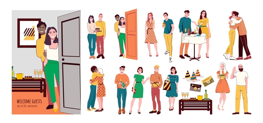 Flat composition set of happy people welcome guests isolated vector illustration