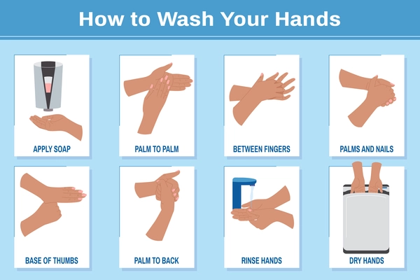 Washing hands information isolated colored posters at blue background with steps to hand washing flat  vector illustration