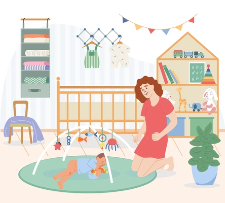 Baby development flat composition with happy mother watching her crawling little child vector illustration