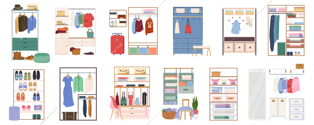 Walk in closet flat set of cloakroom with male and female garment hanging on hangers and footwear in cabinet  isolated vector illustration