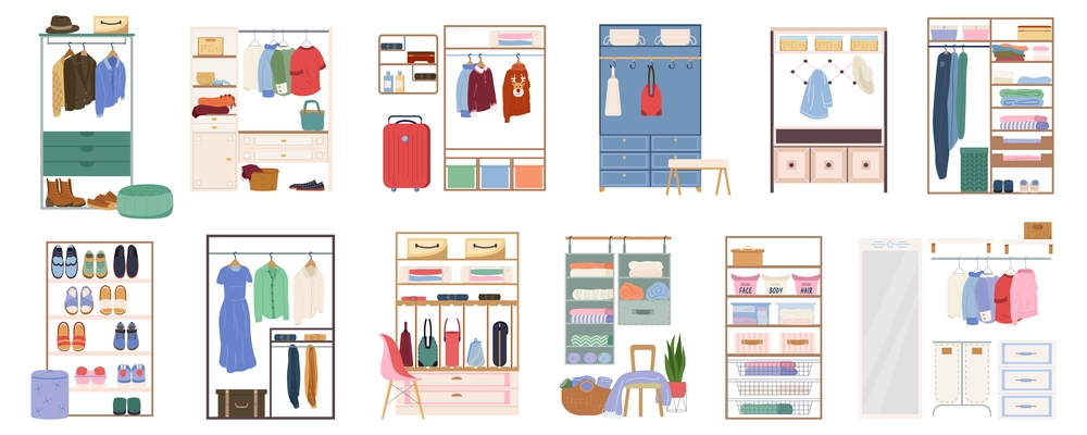 Walk in closet flat set of cloakroom with male and female garment hanging on hangers and footwear in cabinet  isolated vector illustration