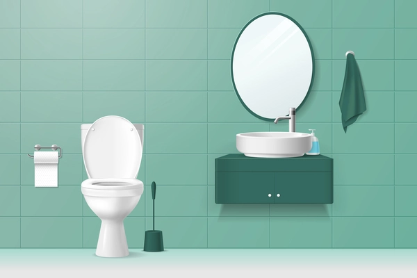 Bathroom lavatory realistic interior in green tones with white toilet washbasin mirror and accessories for practising hygiene vector illustration