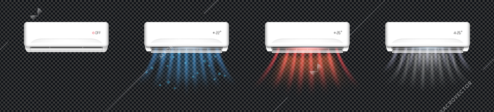 Realistic off and on air conditioners set isolated on transparent background vector illustration