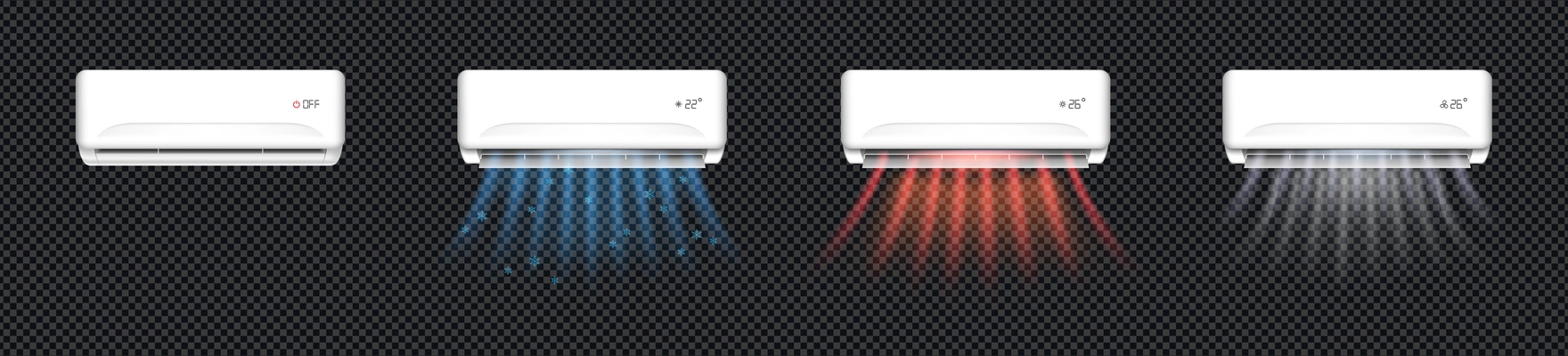 Realistic off and on air conditioners set isolated on transparent background vector illustration