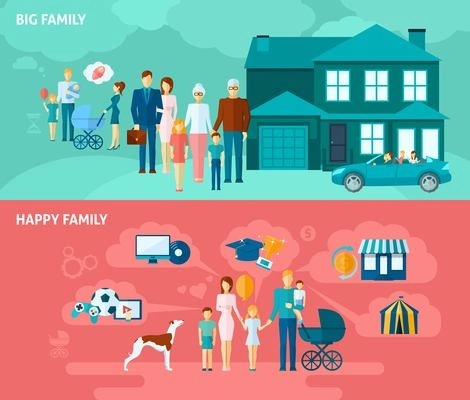 Family horizontal banner set with happy people relationships elements isolated vector illustration