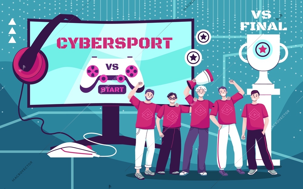 Cybersport collage with start and final symbols flat vector illustration