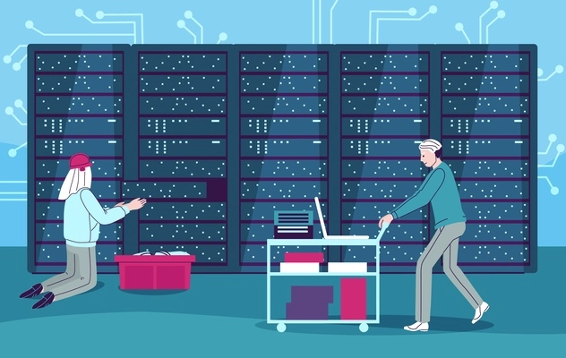 Data center background with lifecycle planning symbols flat vector illustration