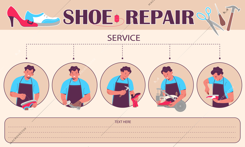 Shoe repair service flat infographic with text field and repairman mending and cleaning footwear vector illustration