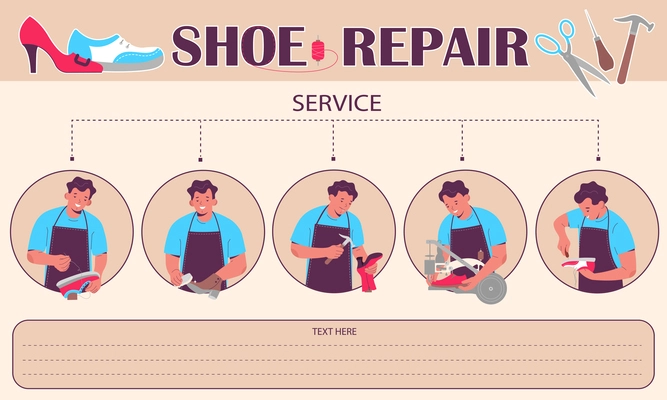 Shoe repair service flat infographic with text field and repairman mending and cleaning footwear vector illustration