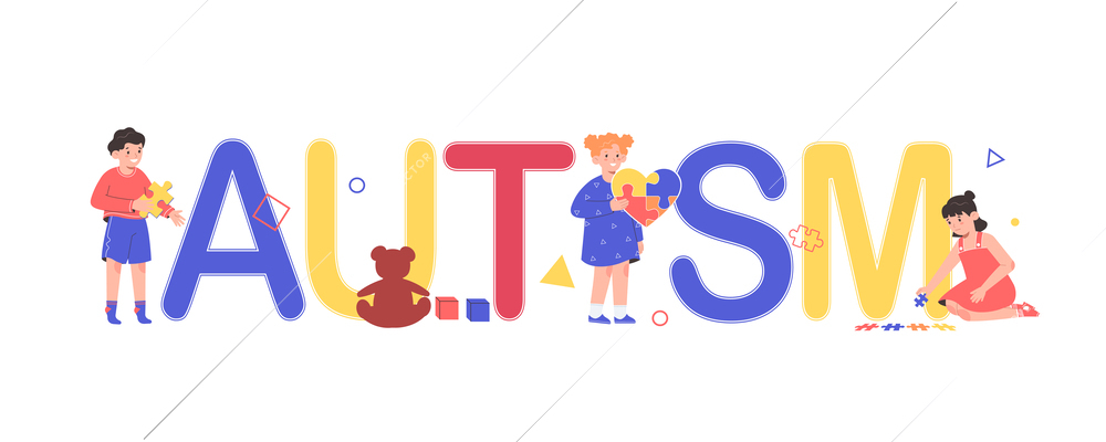 Autism text composition in flat style with kids holding colorful puzzle pieces vector illustration