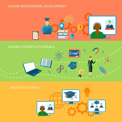 Online education horizontal banner set with professional development courses elements isolated vector illustration