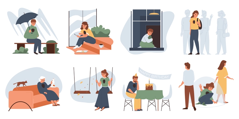 Loneliness solitude flat set of isolated compositions with life scenes of single people in various situations vector illustration