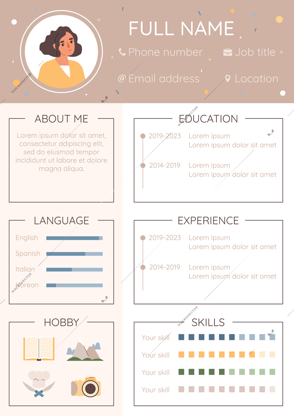 Resume cv job flat infographic composition with example of job application editable text skills and avatar vector illustration