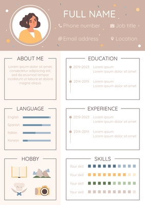 Resume cv job flat infographic composition with example of job application editable text skills and avatar vector illustration