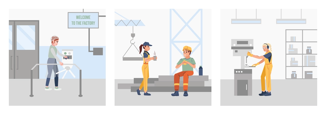 Factory workers coming to work having lunch and doing labour flat set isolated vector illustration