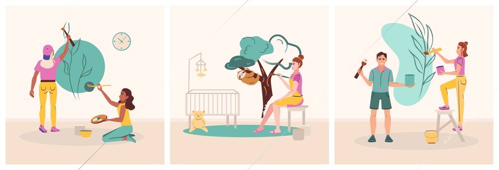 Mural artist flat set of square compositions with young people painting nice pictures on room walls vector illustration