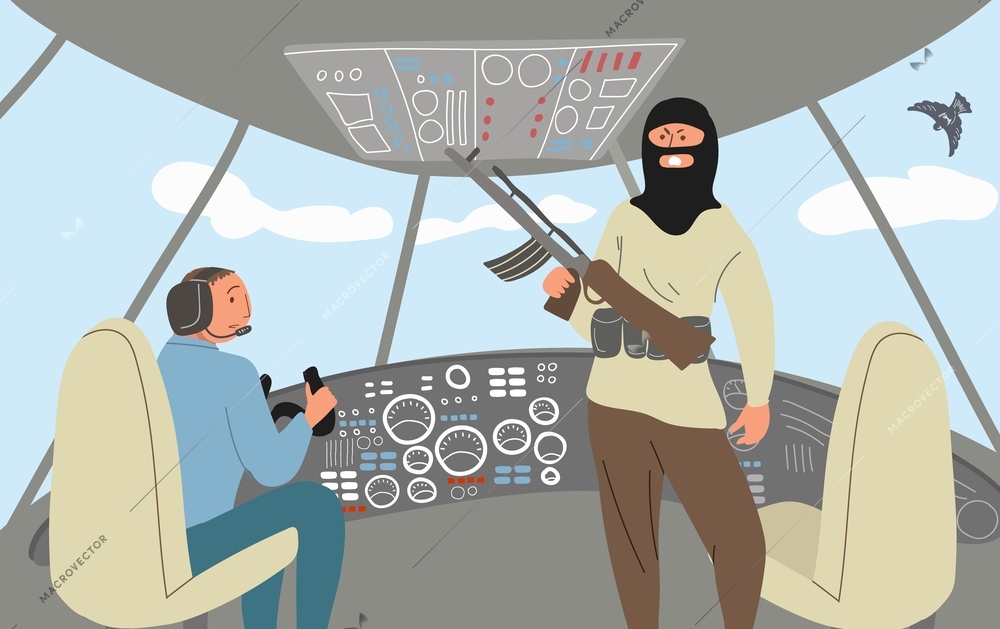 Terrorism terror flat composition with view of aircraft cabin with pilot and armed gunman hijacking airplane vector illustration