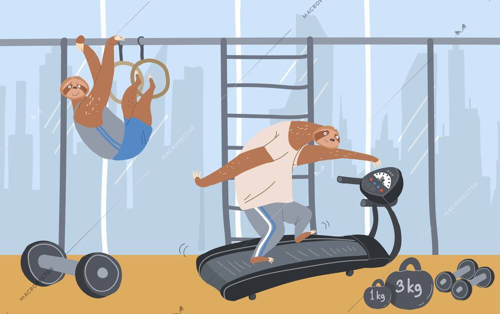 Sloth laziness concept flat composition with indoor view of gym with window cityscape and practicing characters vector illustration