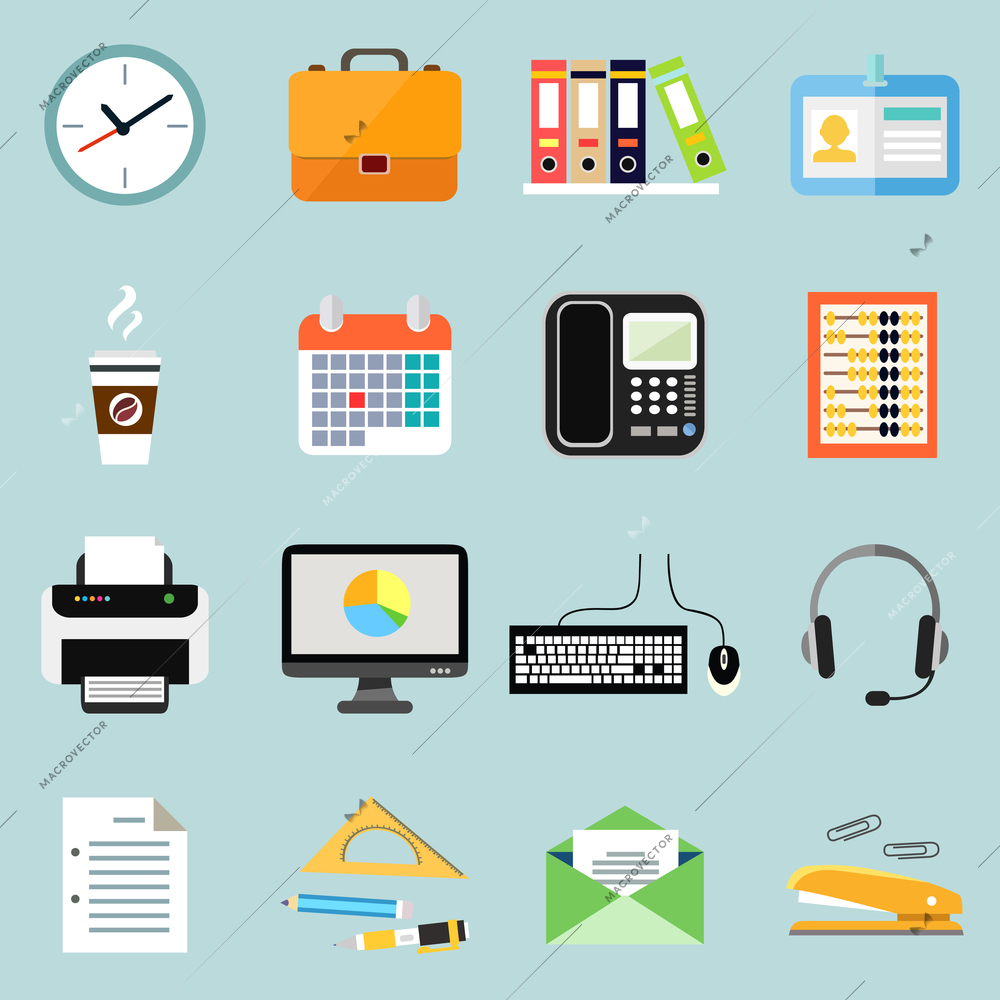 Business office stationery icons set of phone documents files and clock isolated vector illustration