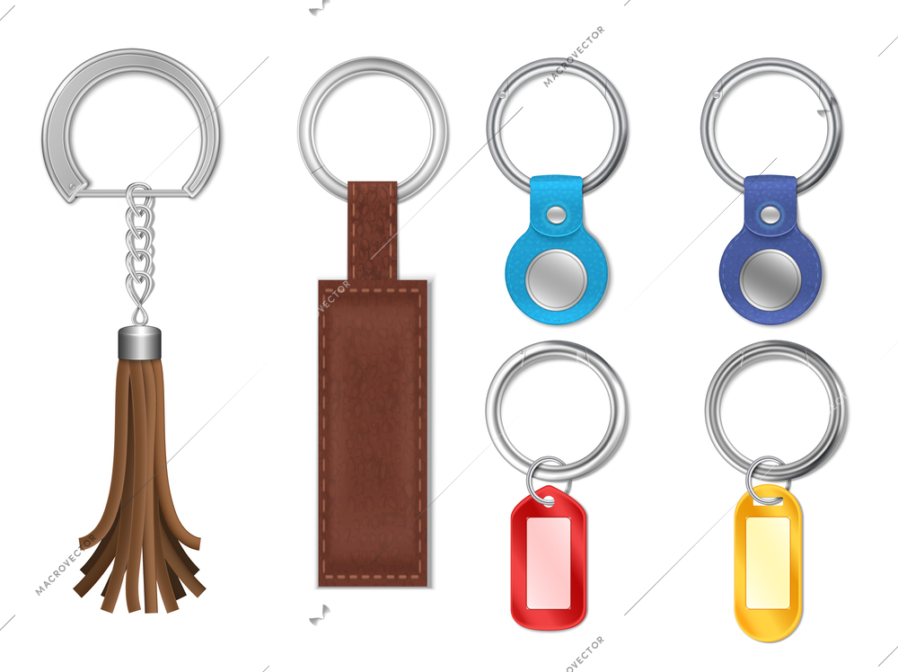 Realistic set of silver metal keyrings with various leather and plastic pendants isolated vector illustration