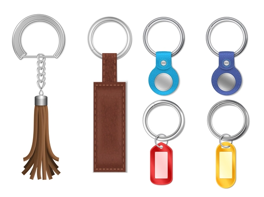 Realistic set of silver metal keyrings with various leather and plastic pendants isolated vector illustration