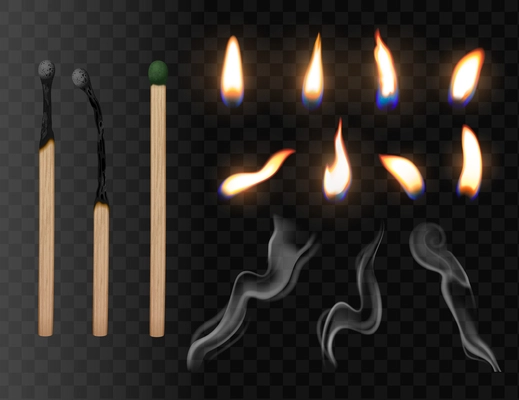 Match sticks set of realistic icons on transparent background with isolated images of deadhead and fire vector illustration