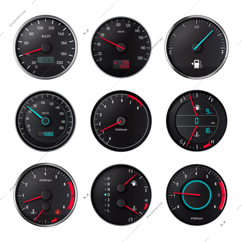 Speedometer realistic set of isolated round icons with arrows and numbers with odometer and fuel meter vector illustration
