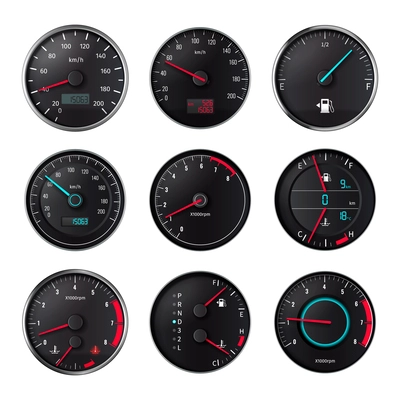 Speedometer realistic set of isolated round icons with arrows and numbers with odometer and fuel meter vector illustration