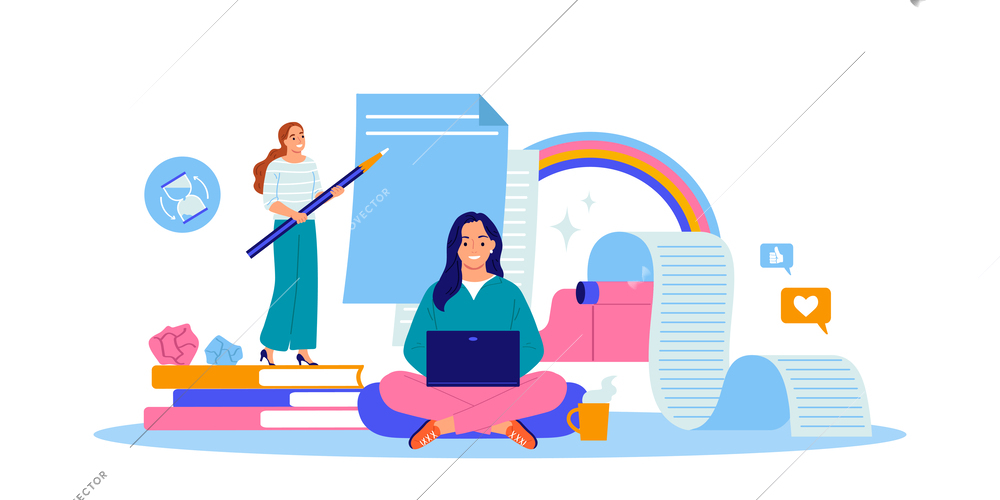 Copywriting flat concept with happy creative women writing posts and articles on laptop and paper vector illustration