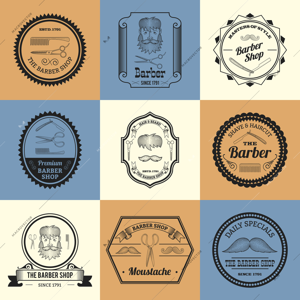 Barber shop gentleman shaver grooming saloon logos set isolated vector illustration