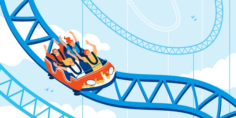 Thrilled people riding roller coaster in amusement park flat vector illustration