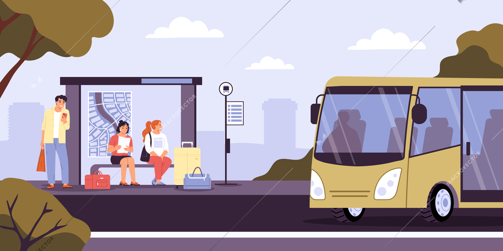 People with suitcases waiting for bus on comfortable stop flat vector illustration