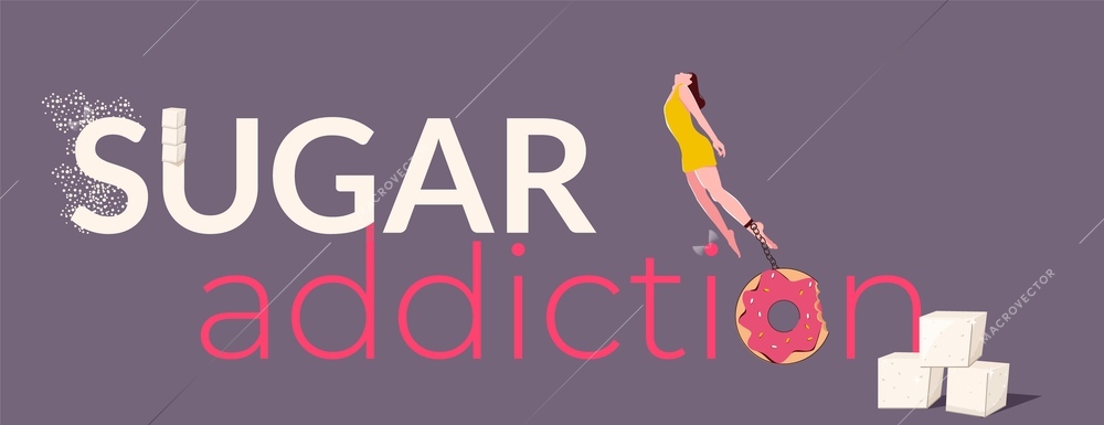 Sugar addiction flat horizontal banner with female character chained to donut on color background vector illustration