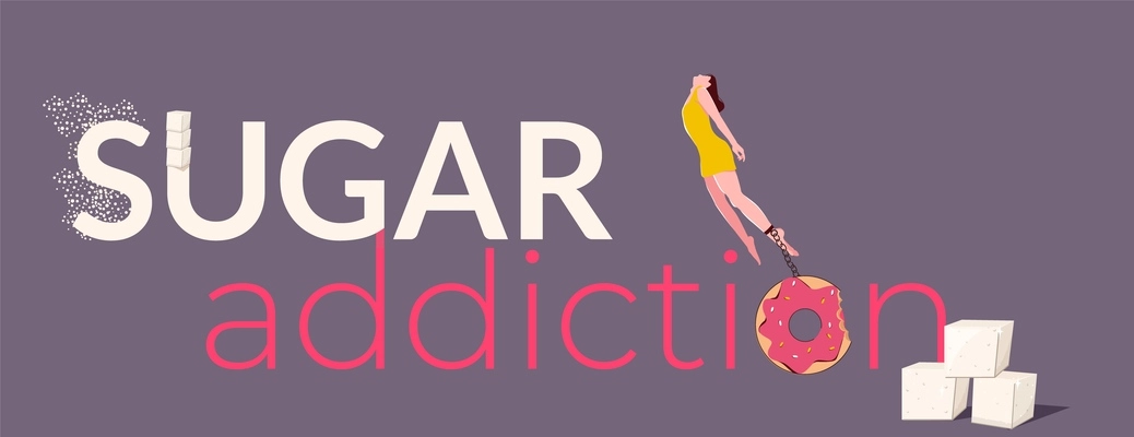 Sugar addiction flat horizontal banner with female character chained to donut on color background vector illustration