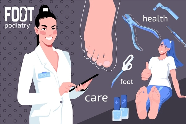 Podiatry foot disease composition with collage of flat doodle human characters with medical tools and text vector illustration